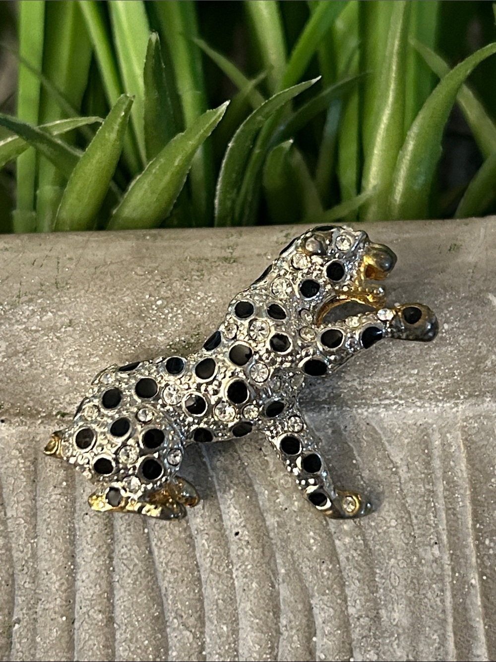Leopard Rhinestone Brooch scatter pin - Black. Silver and Gold Accents